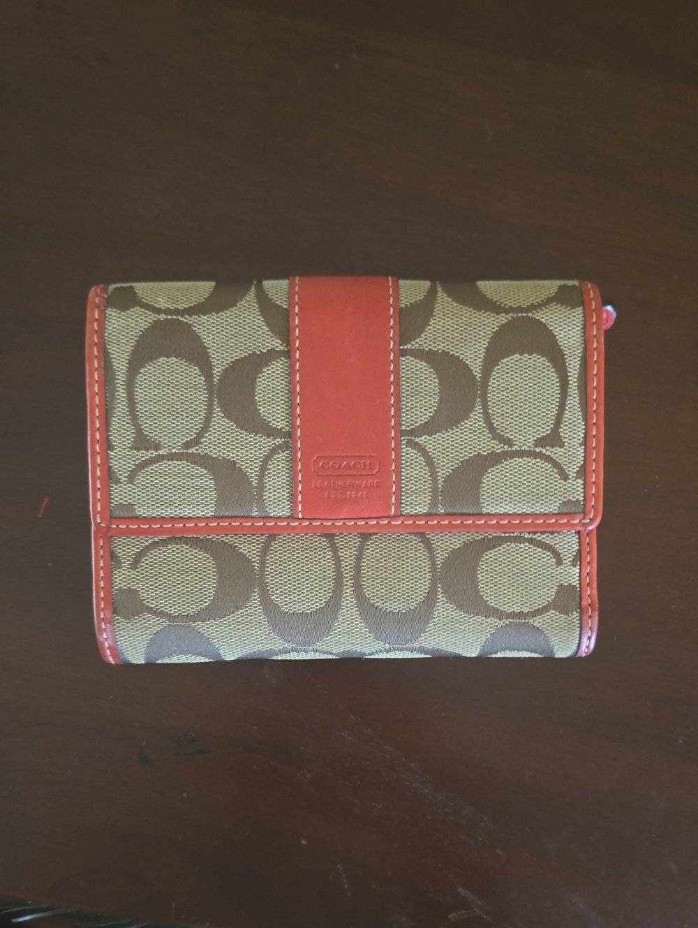 Coach Signature Canvas Wallet with Coral Trim and Brown Monogram
